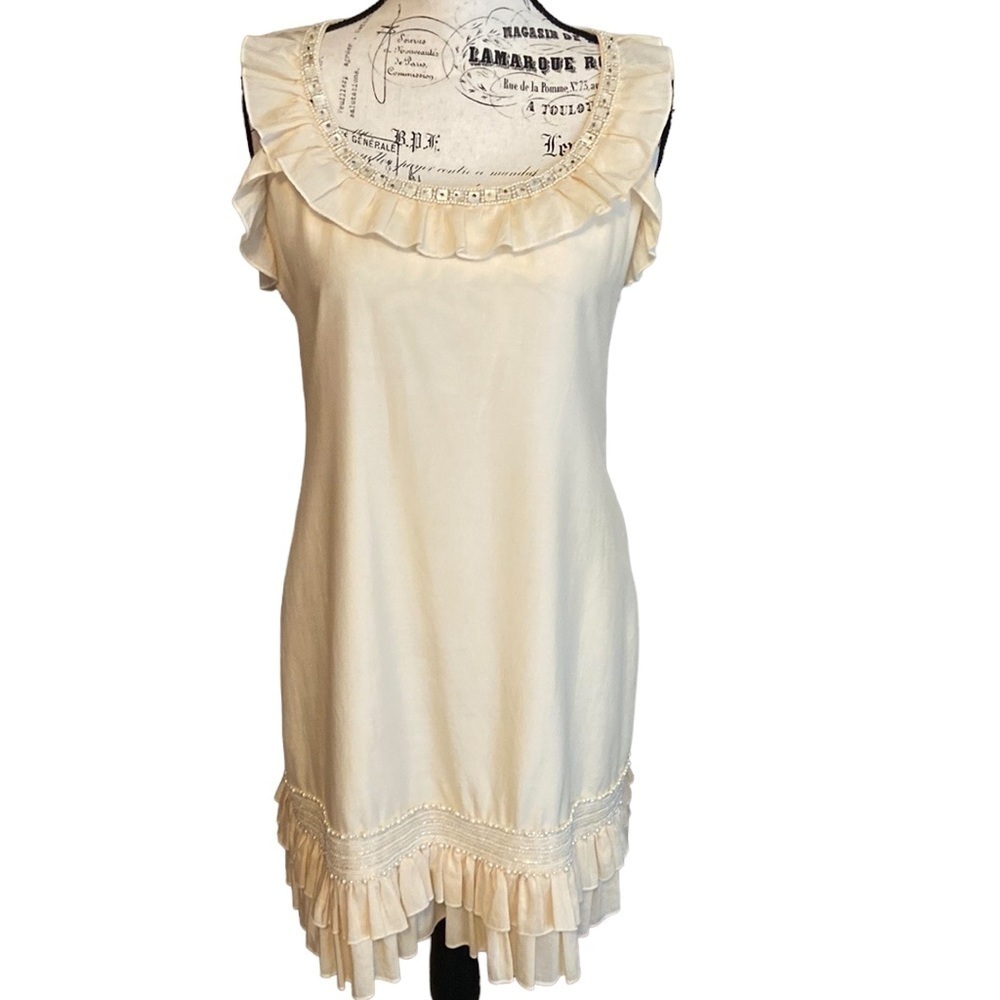 Jenny Han Shift Dress Ruffle Beaded Cotton/Silk Cream Size M